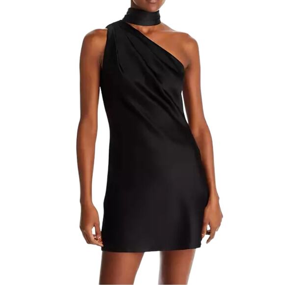 Alice + Olivia Black Satin One-Shoulder Mini Dress - Picture 10 of 11